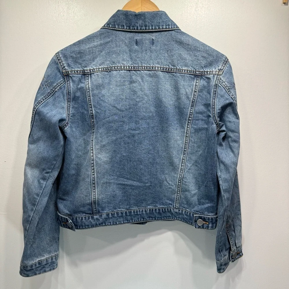 Y2K Blue Denim Jean Jacket Embroidered Metallic Stars on Sleeves by Maison Jules